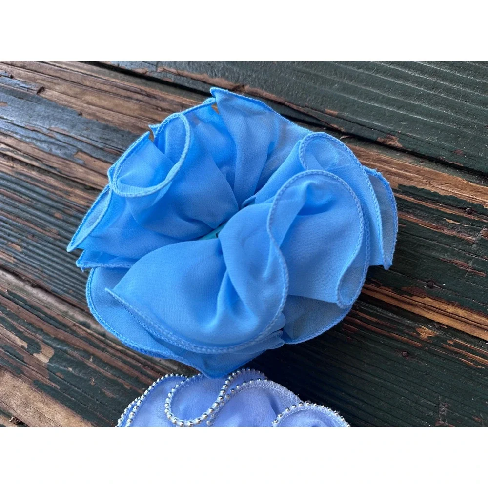 Blue Ruffle Flower Scrunchie Set Silver Metallic Trim Hair Accessories 2pc
